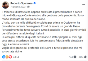 Magistratura: Post di Speranza sull'archiviazione nell'inchiesta di Bergamo